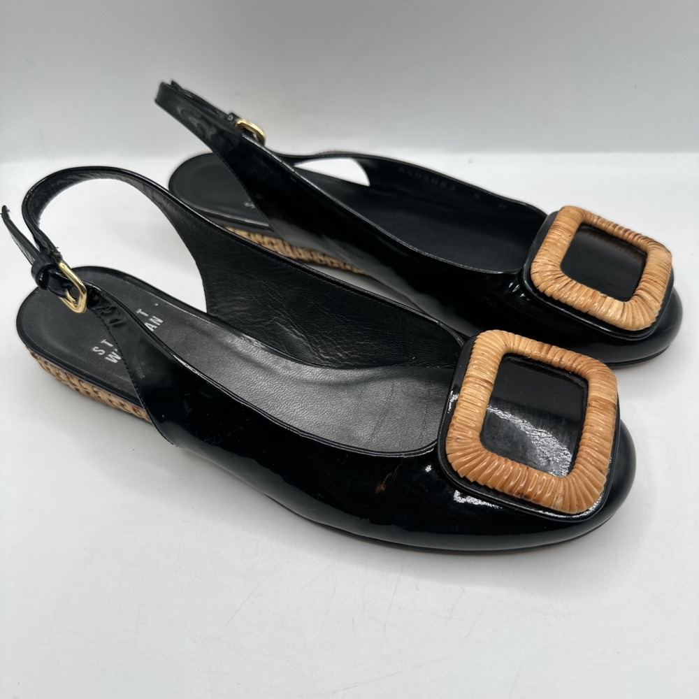 Stuart Weitzman Black‎ Patent Leather Square Buckle Slingback Flats Sz 5 $265
